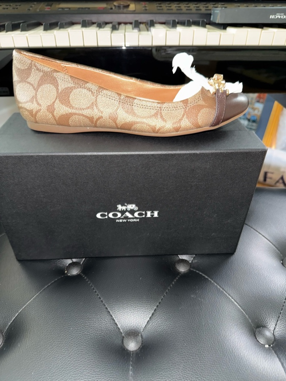 Coach Brown Signature Logo Cap-Toe Ballet Flat with Gold Hardware